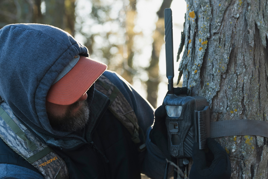 Man adjusting Stealth Cam Flashback on tree.